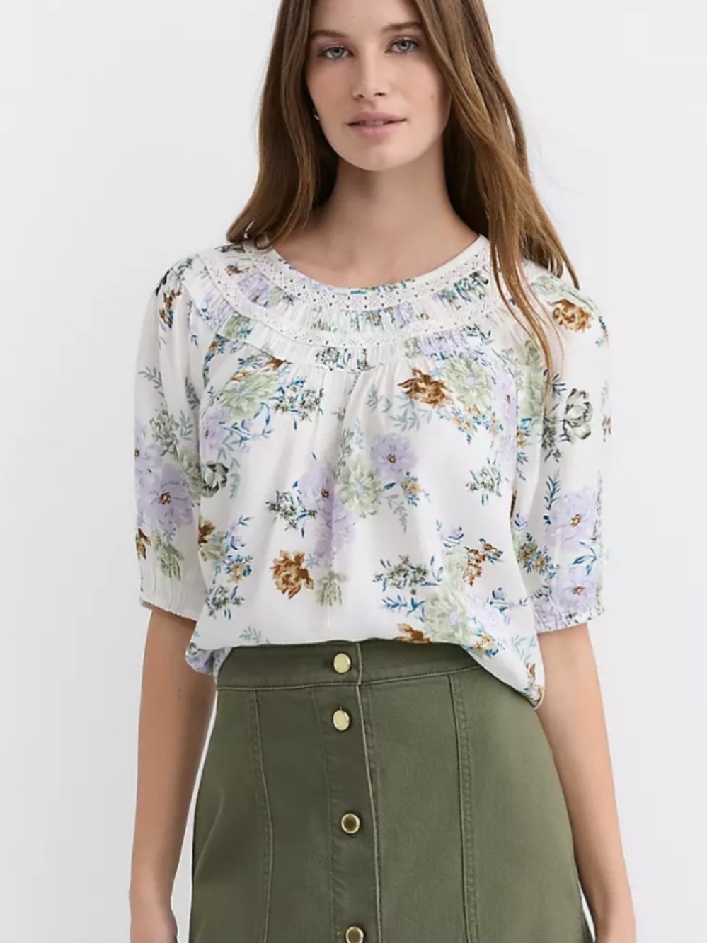Ann Taylor Loft  Floral Smocked Yoke Blouse